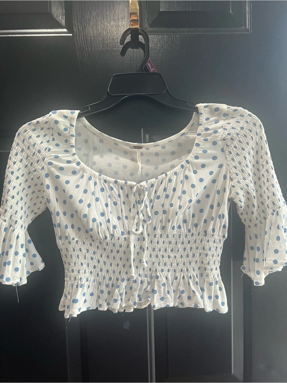 Free People White Crop Top with Light Blue Polka Dots
